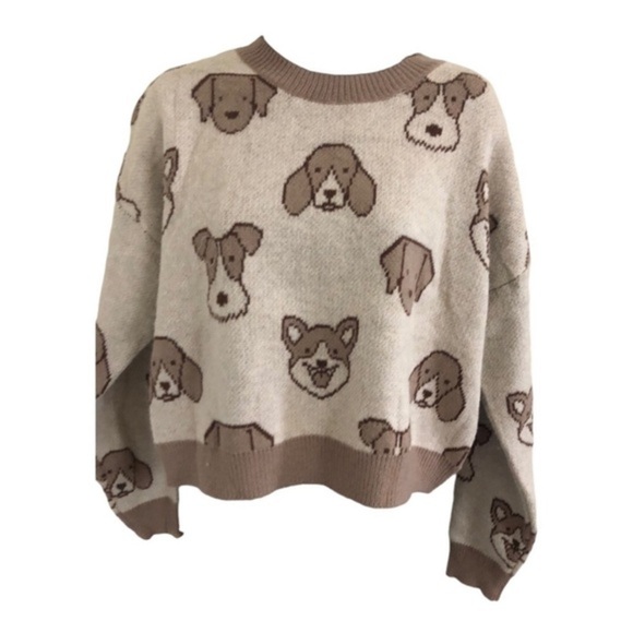 Beige cream brown adorable puppy dog face print long sleeve sweater‎ size medium - Picture 14 of 16